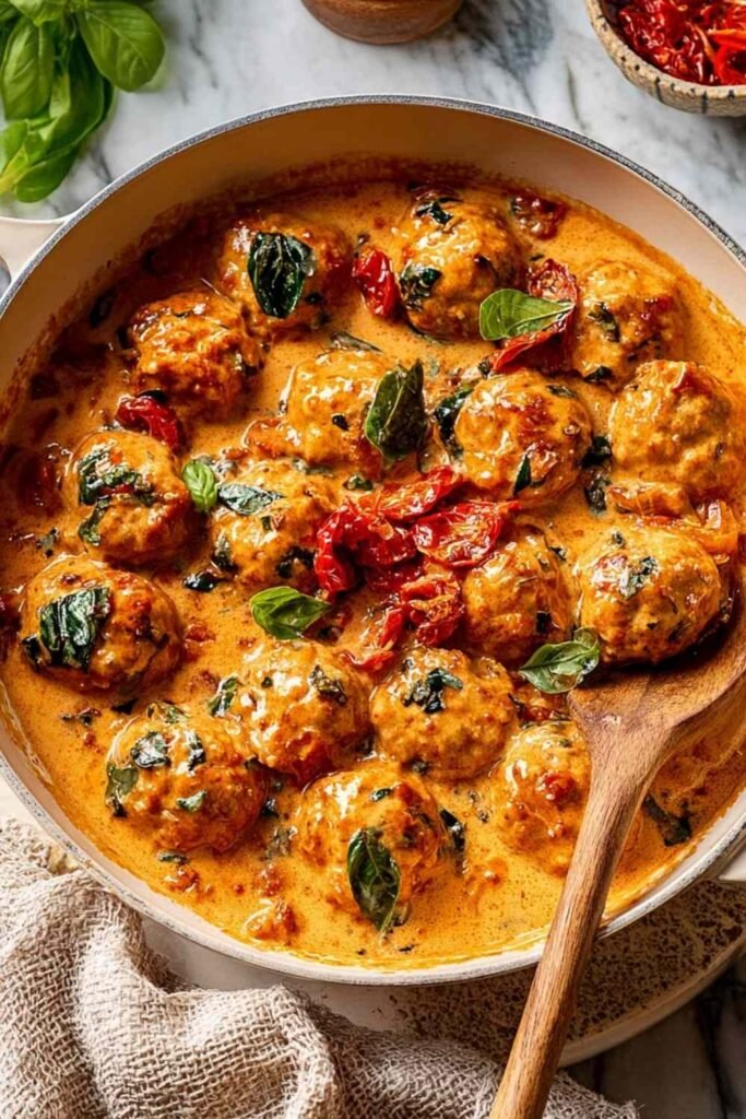 Marry Me Chicken Meatballs in a skillet with creamy sun-dried tomato Parmesan sauce and fresh basil