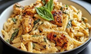 Marry Me Chicken Pasta in a skillet with creamy Parmesan sauce and sun-dried tomatoes