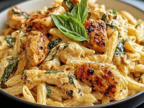Marry Me Chicken Pasta in a skillet with creamy Parmesan sauce and sun-dried tomatoes