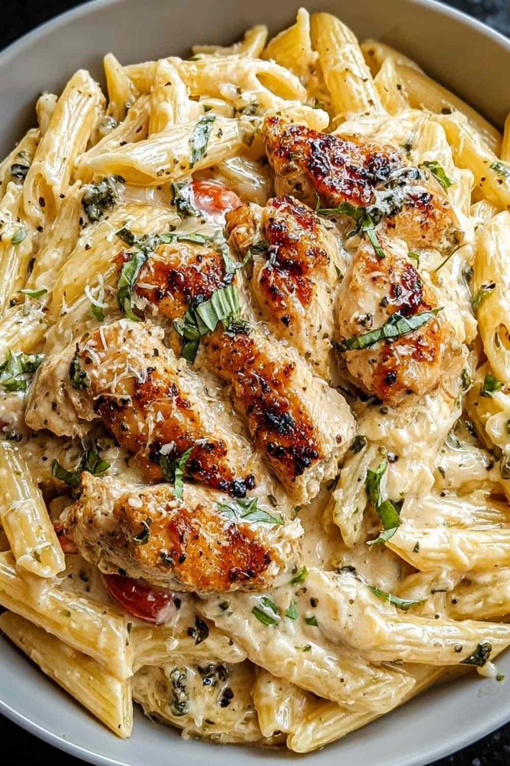 Marry Me Chicken Pasta in a skillet with creamy Parmesan sauce and sun-dried tomatoes