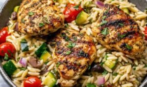 Mediterranean chicken orzo with sliced chicken, baby spinach, and sun-dried tomatoes in a large skillet