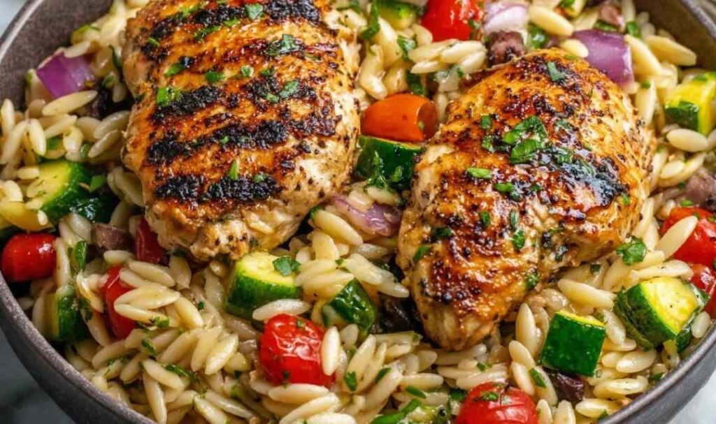 Mediterranean chicken orzo with sliced chicken, baby spinach, and sun-dried tomatoes in a large skillet