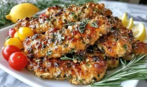 Mediterranean chicken tenders on a white plate garnished with fresh parsley and lemon wedges