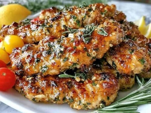 Mediterranean chicken tenders on a white plate garnished with fresh parsley and lemon wedges