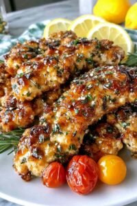 Mediterranean chicken tenders on a white plate garnished with fresh parsley and lemon wedges