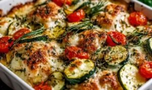 Mediterranean chicken zucchini bake with golden melted cheese and roasted cherry tomatoes in a white baking dish