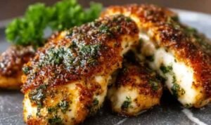 Melt In Your Mouth Chicken Breast baked in a white dish with golden paprika seasoning and a drizzle of fresh lemon juice