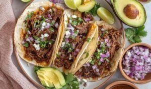 Mexican shredded beef tacos in warm corn tortillas topped with fresh cilantro, chopped white onion, and sliced avocado