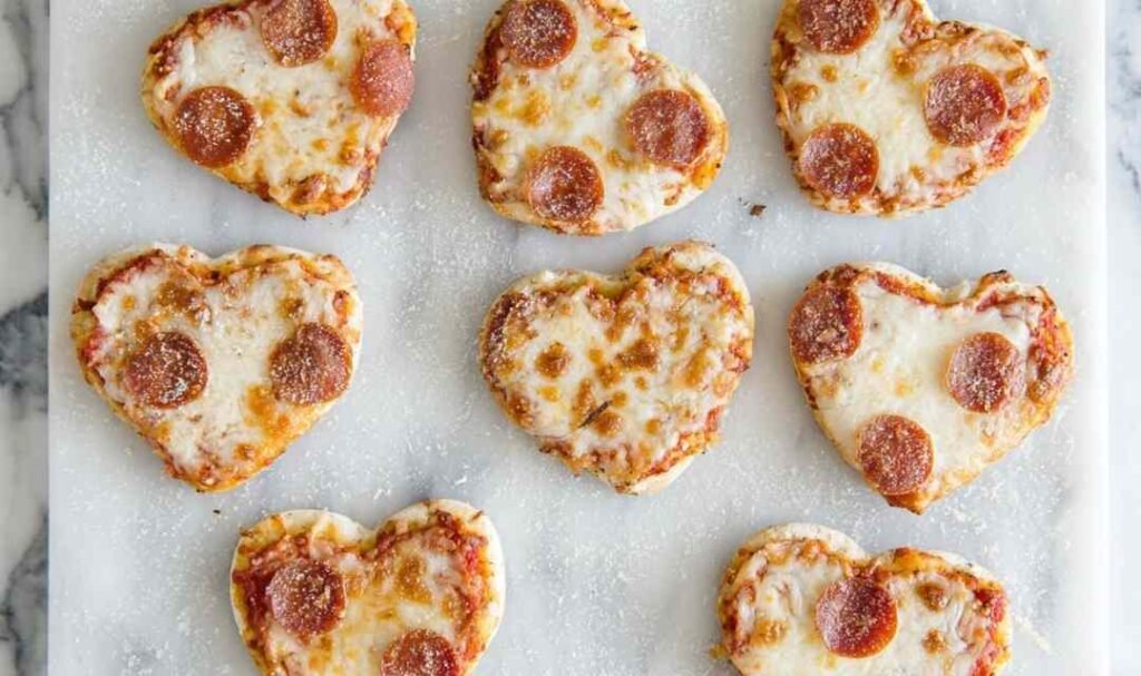 Mini heart shaped pizzas with bubbly melted mozzarella and heart-cut pepperoni fresh from the oven