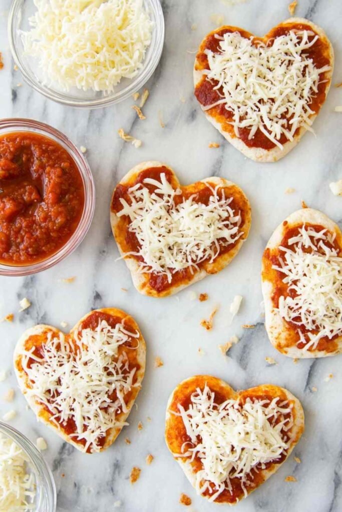 Mini heart shaped pizzas with bubbly melted mozzarella and heart-cut pepperoni fresh from the oven