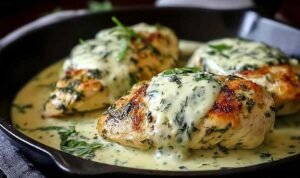 Mozzarella chicken in basil cream sauce in a skillet with melted cheese and fresh basil garnish