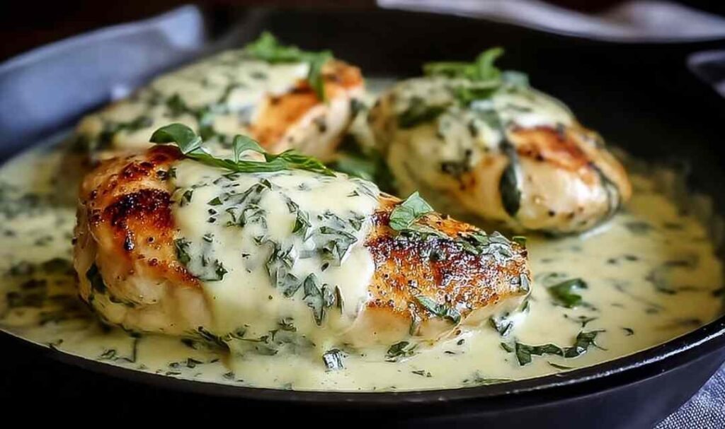 Mozzarella chicken in basil cream sauce in a skillet with melted cheese and fresh basil garnish