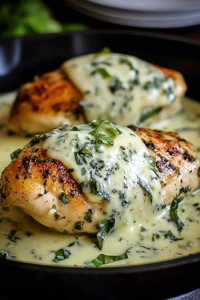 Mozzarella chicken in basil cream sauce in a skillet with melted cheese and fresh basil garnish