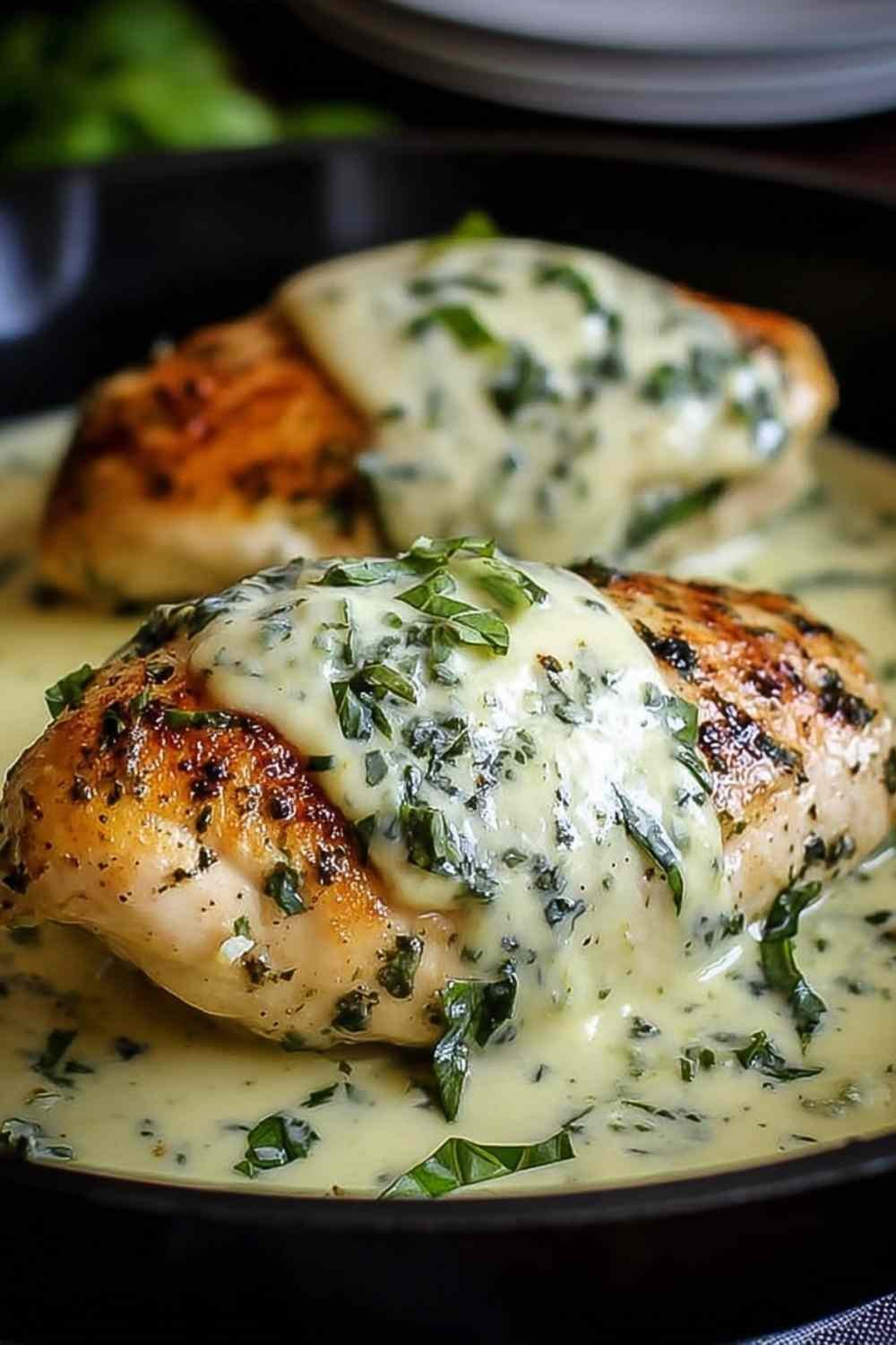 Mozzarella chicken in basil cream sauce in a skillet with melted cheese and fresh basil garnish