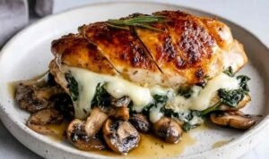 Mushroom Stuffed Chicken Breast Juicy mushroom stuffed chicken breast sliced open to reveal savory mushroom and mozzarella filling on a white plate