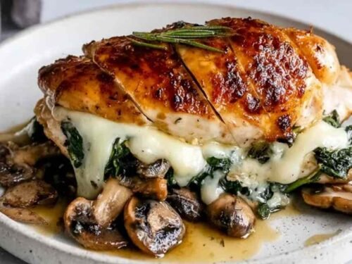 Juicy mushroom stuffed chicken breast sliced open to reveal savory mushroom and mozzarella filling on a white plate
