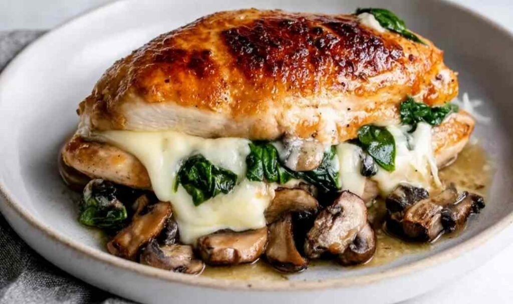 Juicy mushroom stuffed chicken breast sliced open to reveal savory mushroom and mozzarella filling on a white plate