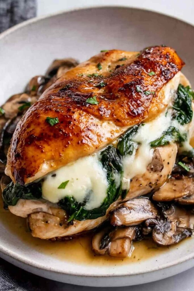 Juicy mushroom stuffed chicken breast sliced open to reveal savory mushroom and mozzarella filling on a white plate