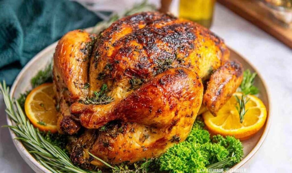 Easy roast chicken with crispy golden skin resting in a cast iron skillet with roasted vegetables