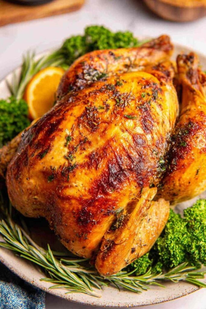 Easy roast chicken with crispy golden skin resting in a cast iron skillet with roasted vegetables