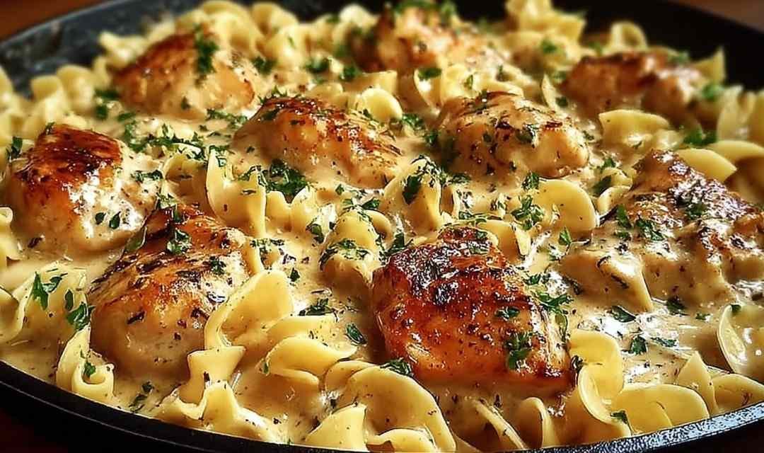 One Pan Creamy Garlic Butter Chicken with Egg Noodles