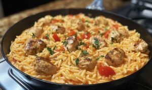 One pot Cajun chicken Alfredo orzo served in a large skillet garnished with fresh parsley and Parmesan
