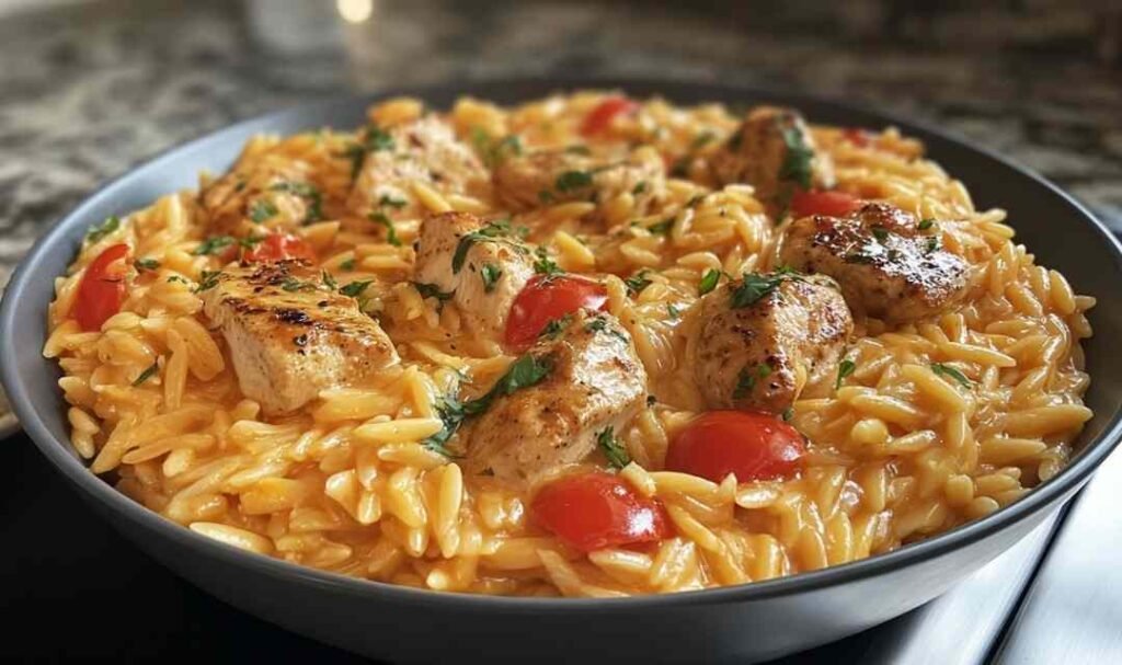 One pot Cajun chicken Alfredo orzo served in a large skillet garnished with fresh parsley and Parmesan