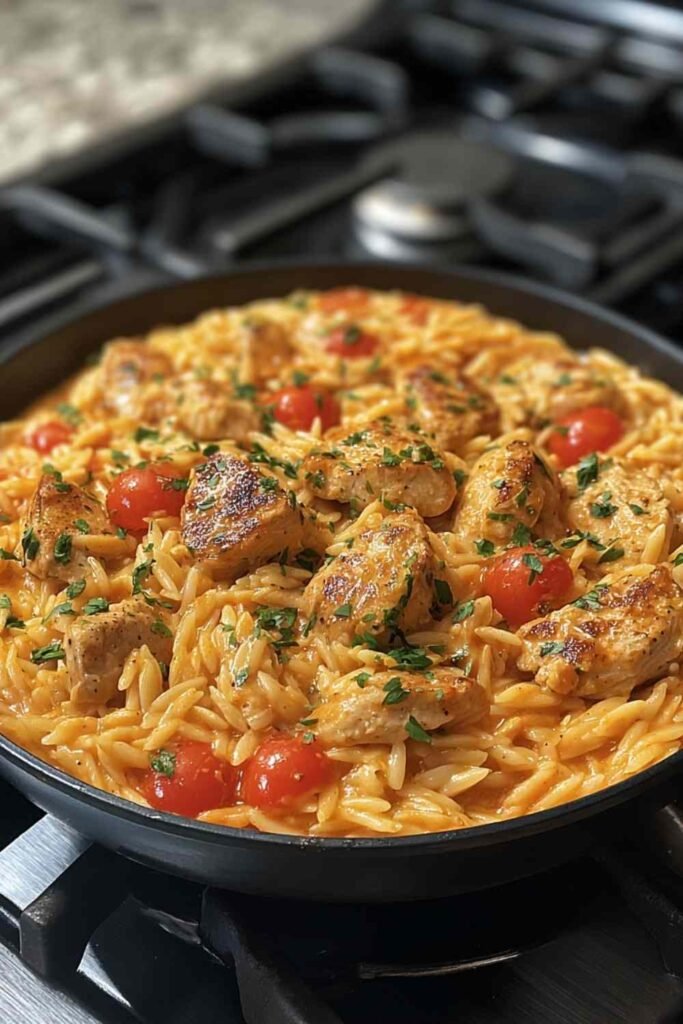 One pot Cajun chicken Alfredo orzo served in a large skillet garnished with fresh parsley and Parmesan
