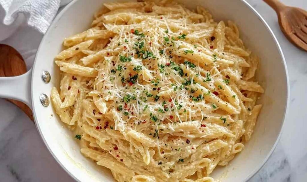 One pot creamy garlic pasta in a large skillet topped with freshly grated Parmesan and chopped parsley ready to serve