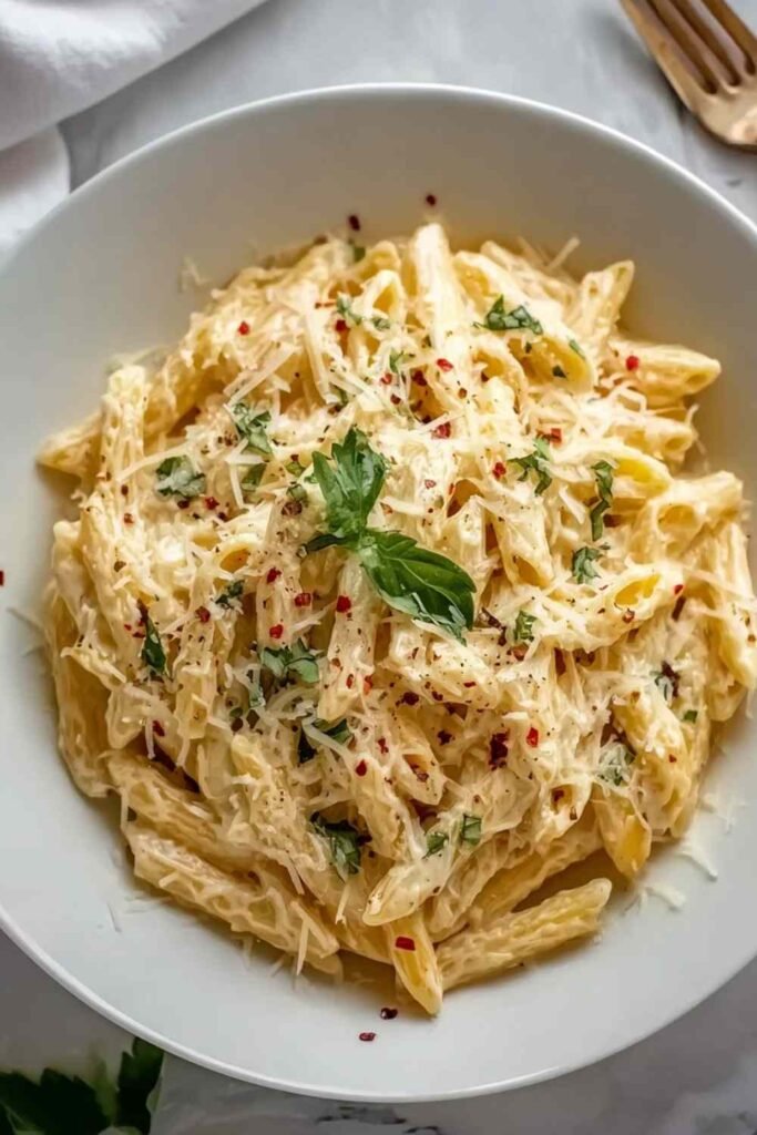 One pot creamy garlic pasta in a large skillet topped with freshly grated Parmesan and chopped parsley ready to serve