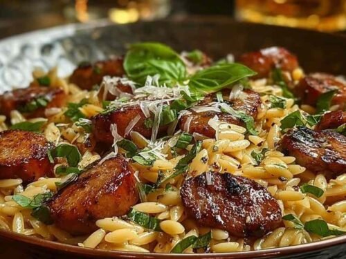One-pot garlic butter sausage orzo in a large skillet with creamy Parmesan sauce and fresh parsley garnish