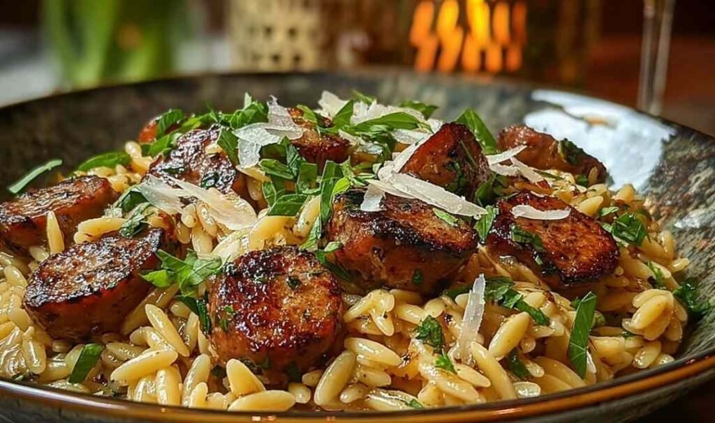 One-pot garlic butter sausage orzo in a large skillet with creamy Parmesan sauce and fresh parsley garnish