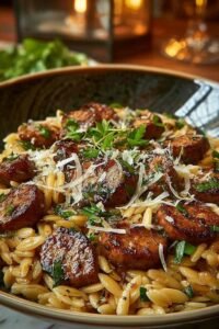 One-pot garlic butter sausage orzo in a large skillet with creamy Parmesan sauce and fresh parsley garnish