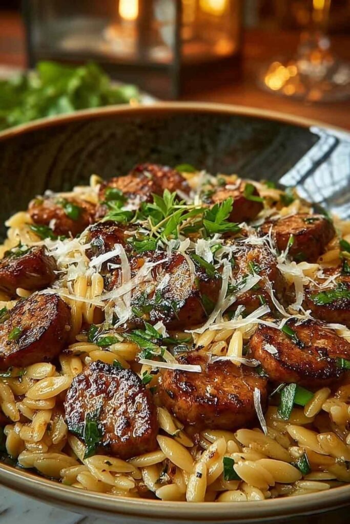 One-pot garlic butter sausage orzo in a large skillet with creamy Parmesan sauce and fresh parsley garnish