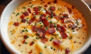 Bowl of Outback Steakhouse potato soup topped with shredded cheddar, bacon crumbles, sour cream, and sliced green onions