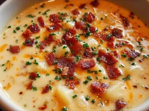 Bowl of Outback Steakhouse potato soup topped with shredded cheddar, bacon crumbles, sour cream, and sliced green onions