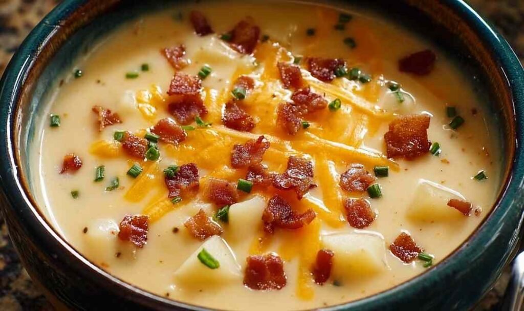 Bowl of Outback Steakhouse potato soup topped with shredded cheddar, bacon crumbles, sour cream, and sliced green onions