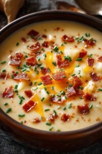 Bowl of Outback Steakhouse potato soup topped with shredded cheddar, bacon crumbles, sour cream, and sliced green onions