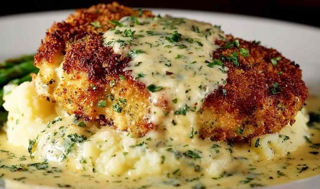 Parmesan crusted chicken cutlets on a plate covered in creamy garlic sauce with fresh parsley garnish