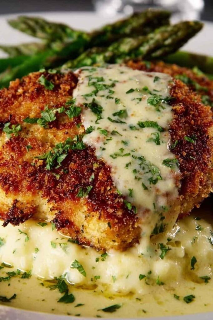 Parmesan crusted chicken cutlets on a plate covered in creamy garlic sauce with fresh parsley garnish