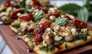 Pesto chicken flatbread baked with melted mozzarella, cherry tomatoes, and fresh basil on golden crispy naan