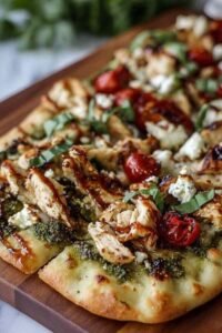 Pesto chicken flatbread baked with melted mozzarella, cherry tomatoes, and fresh basil on golden crispy naan