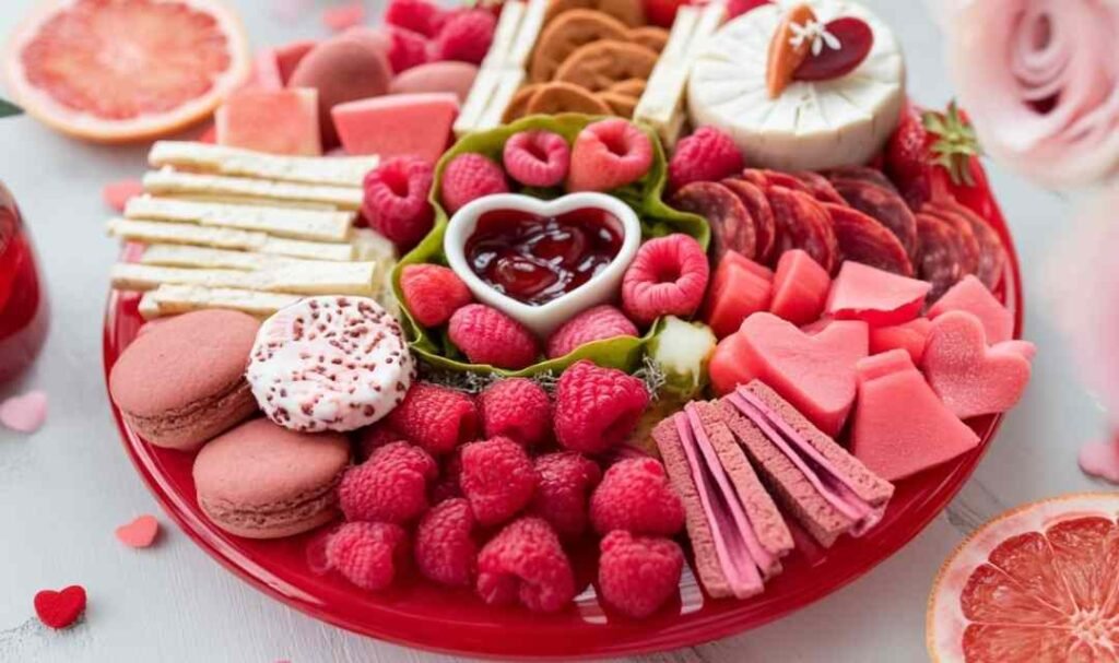 Pink and red themed board with strawberry cream cheese, raspberries, heart pepperoni, and red velvet cookies on a serving platter