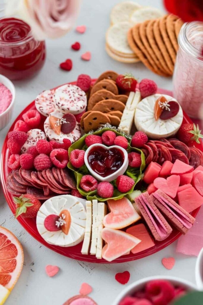 Pink and red themed board with strawberry cream cheese, raspberries, heart pepperoni, and red velvet cookies on a serving platter