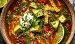 A bowl of poblano chicken tortilla soup topped with tortilla strips, diced avocado, shredded cheese, sour cream, and fresh cilantro