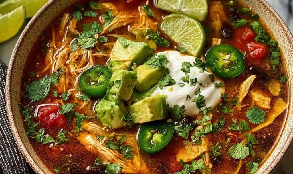 A bowl of poblano chicken tortilla soup topped with tortilla strips, diced avocado, shredded cheese, sour cream, and fresh cilantro