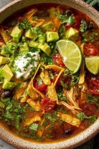 A bowl of poblano chicken tortilla soup topped with tortilla strips, diced avocado, shredded cheese, sour cream, and fresh cilantro