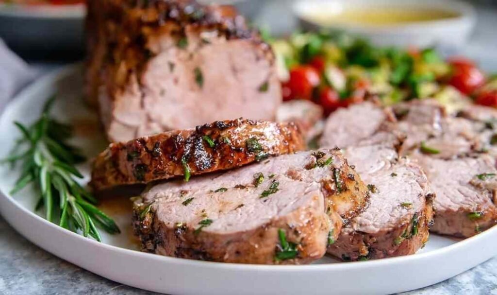 Juicy sliced pork tenderloin made with a garlic soy pork tenderloin marinade on a white plate
