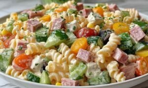 Creamy cold pasta salad with rotini, bell peppers, corn, and carrots in a large white serving bowl
