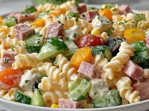 Creamy cold pasta salad with rotini, bell peppers, corn, and carrots in a large white serving bowl